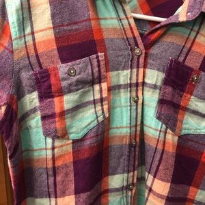 Purple teal and orange button down flannel top